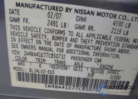 2007 Nissan Maxima 3.5 Se from USA, damaged, VIN 1N4BA41E77C850732